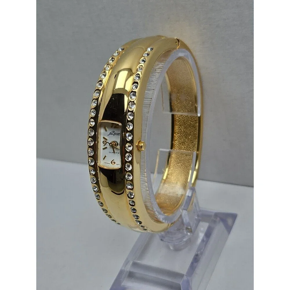 Vintage Pierre Jacquard Womens Gold Rhinestone Cuff Bangle Watch New Battery
